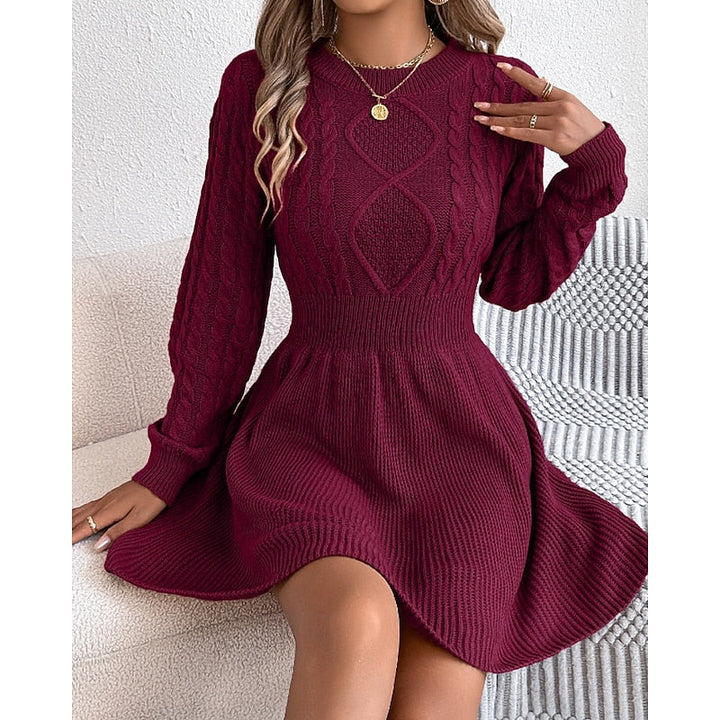Women's Sweater Dress | Midi Cable-Knit Crew Neck Long Sleeve