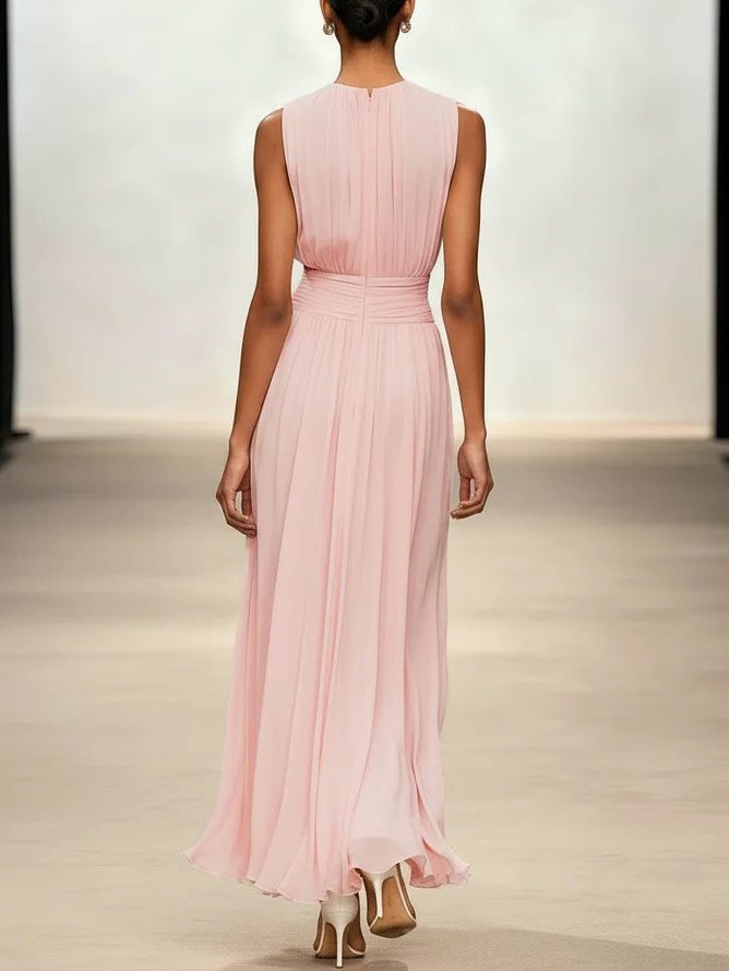 Formal Wedding Guest Sleeveless A-Line Maxi Dress with Ruched Waist for Women