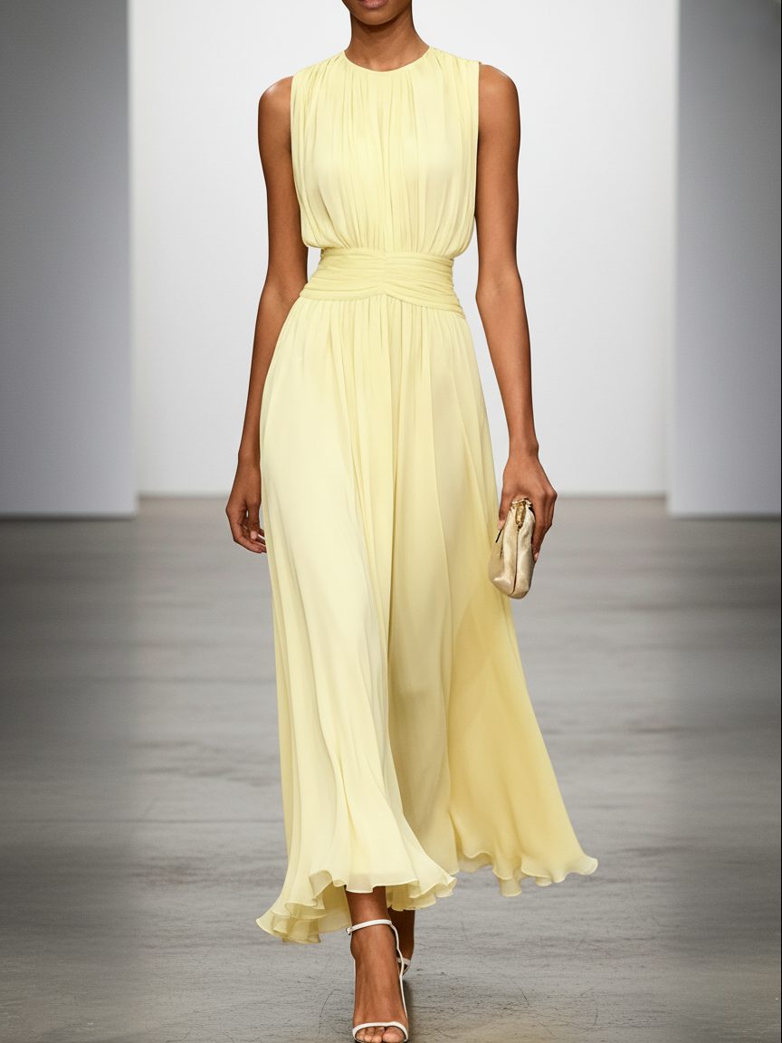 Formal Wedding Guest Sleeveless A-Line Maxi Dress with Ruched Waist for Women