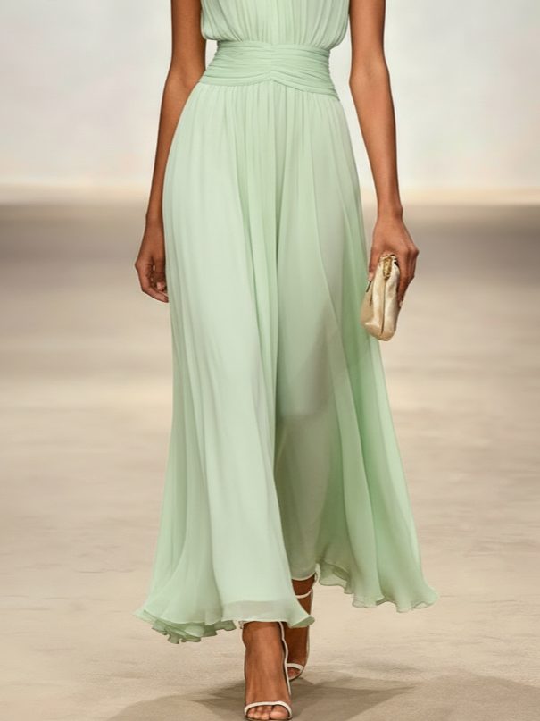 Formal Wedding Guest Sleeveless A-Line Maxi Dress with Ruched Waist for Women