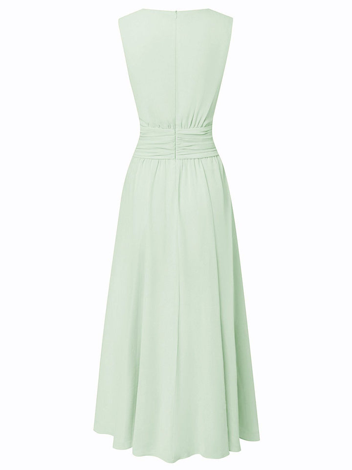 Formal Wedding Guest Sleeveless A-Line Maxi Dress with Ruched Waist for Women