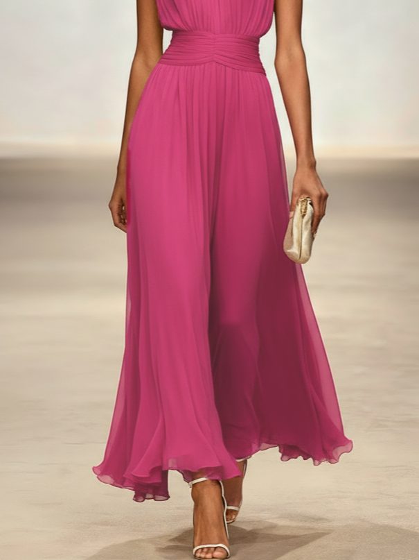 Formal Wedding Guest Sleeveless A-Line Maxi Dress with Ruched Waist for Women