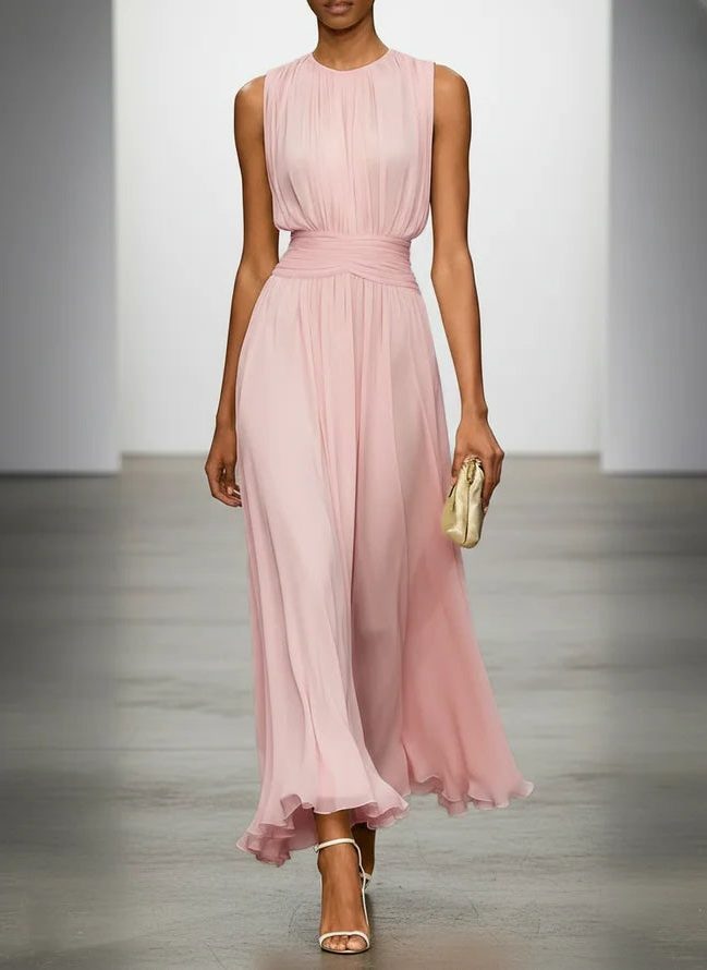 Formal Wedding Guest Sleeveless A-Line Maxi Dress with Ruched Waist for Women