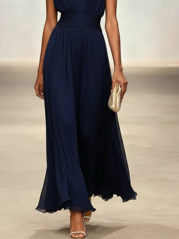 Formal Wedding Guest Sleeveless A-Line Maxi Dress with Ruched Waist for Women