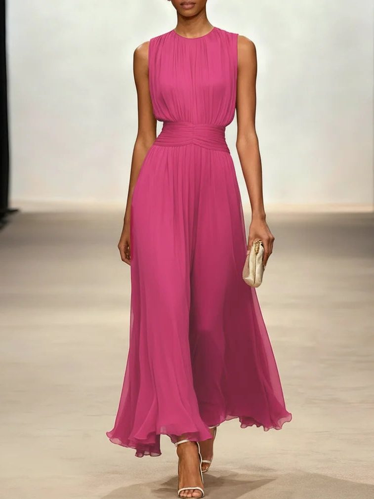 Formal Wedding Guest Sleeveless A-Line Maxi Dress with Ruched Waist for Women