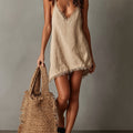 Frayed Mini Dress with V-Neck for Women