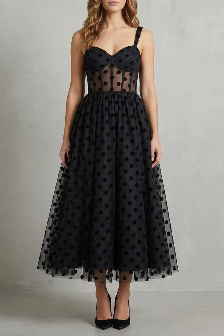 Women's Party Dress | Midi Black Polka Dot Mesh