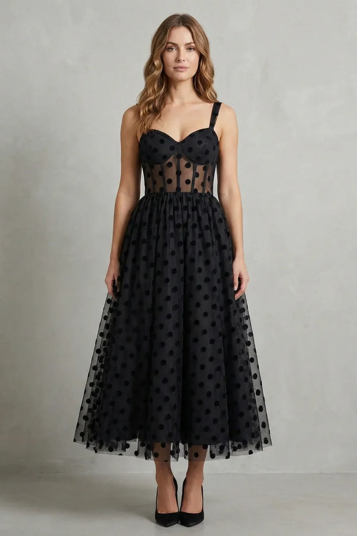 Women's Party Dress | Midi Black Polka Dot Mesh