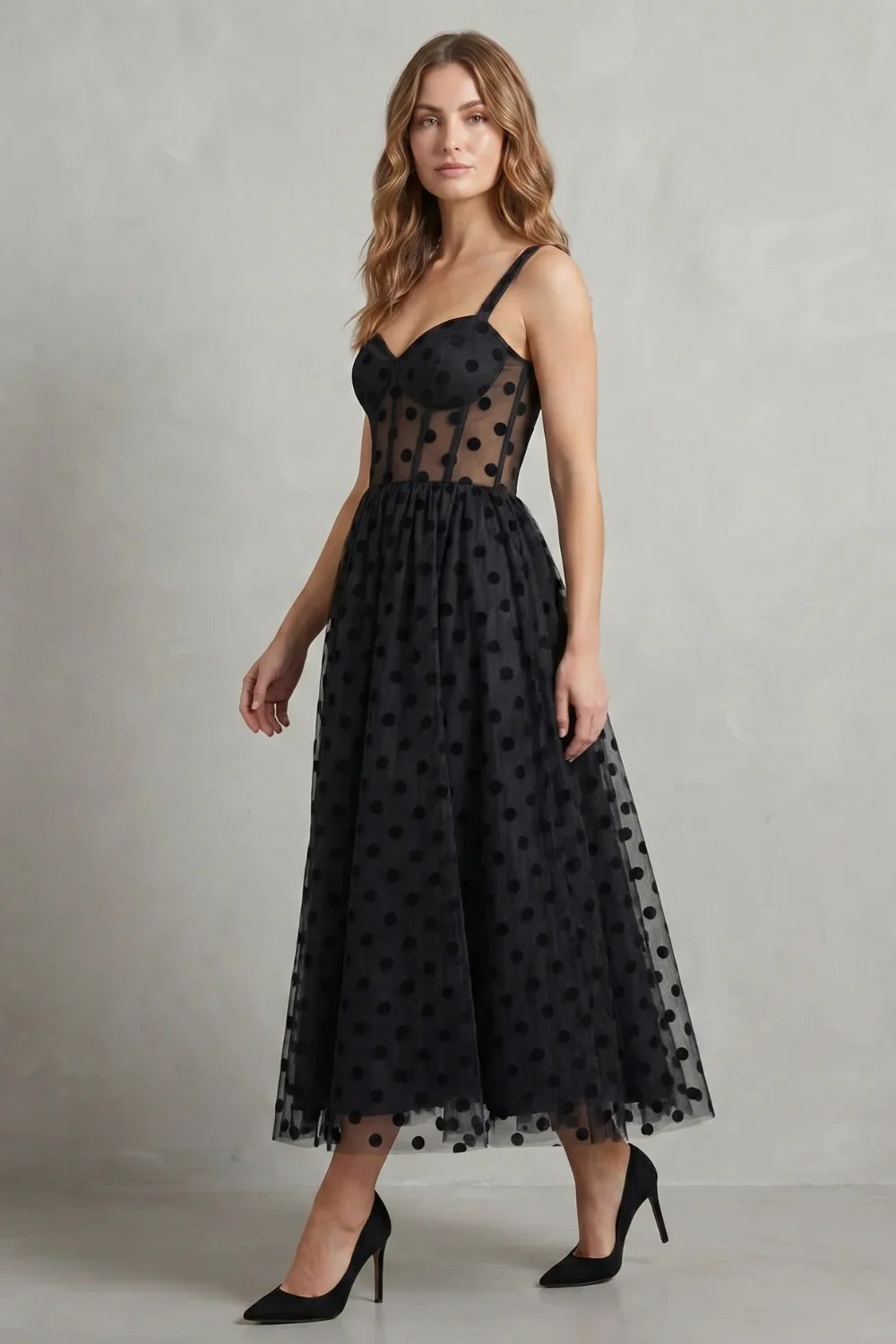 Women's Party Dress | Midi Black Polka Dot Mesh