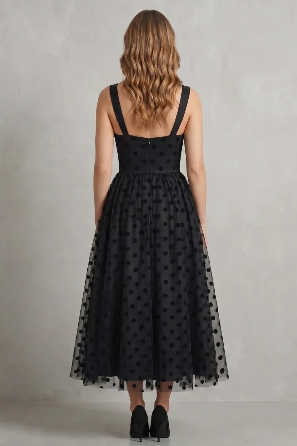 Women's Party Dress | Midi Black Polka Dot Mesh
