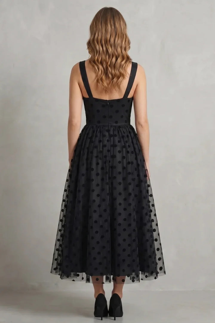 Women's Party Dress | Midi Black Polka Dot Mesh