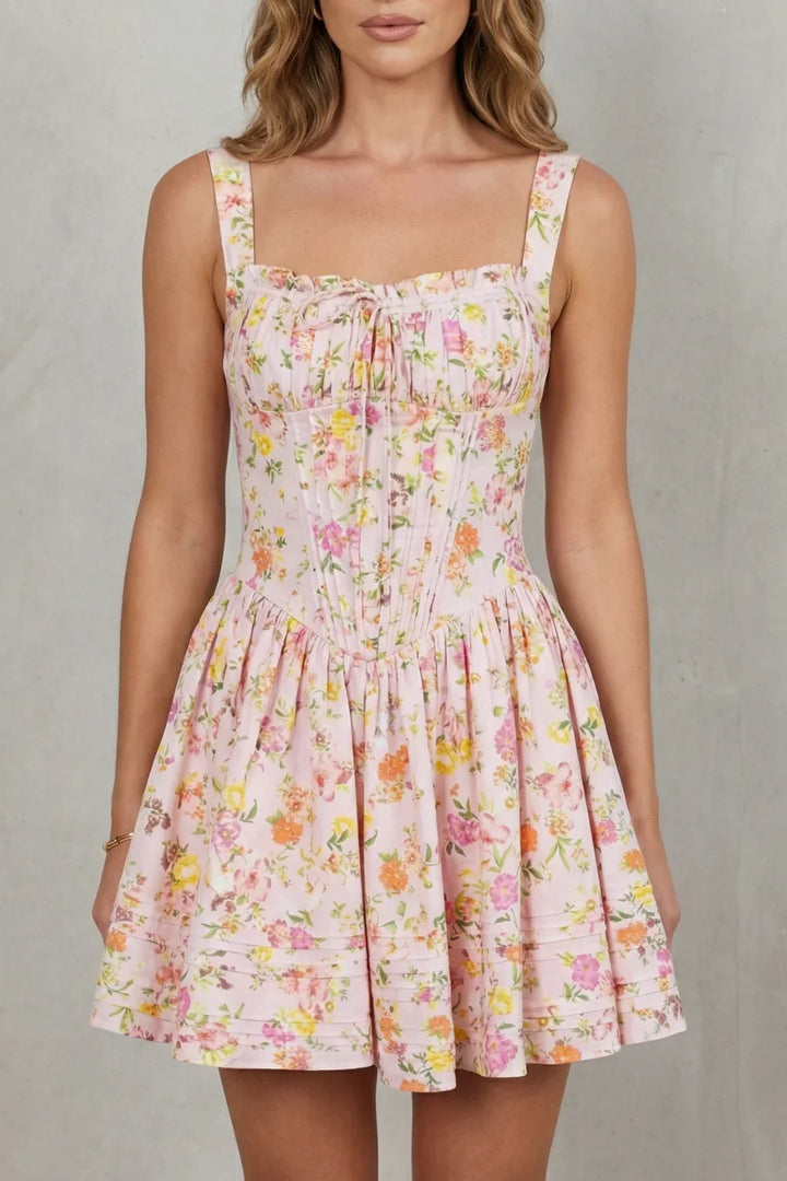 Women's Party Dress | Mini Floral Square Neck Spaghetti Strap