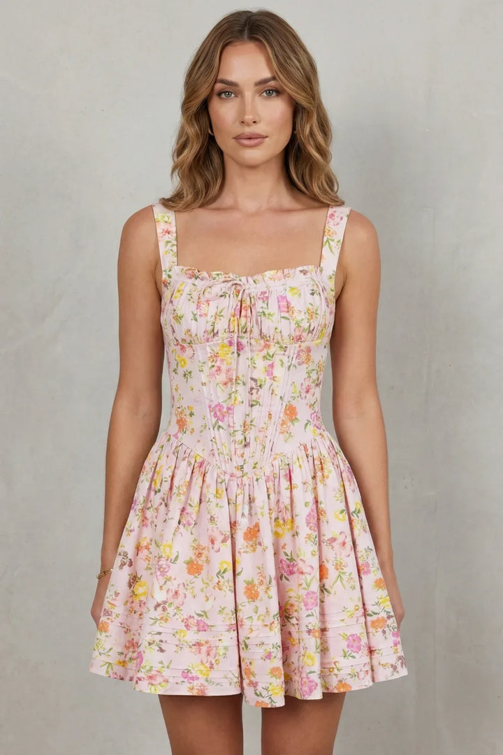 Women's Party Dress | Mini Floral Square Neck Spaghetti Strap