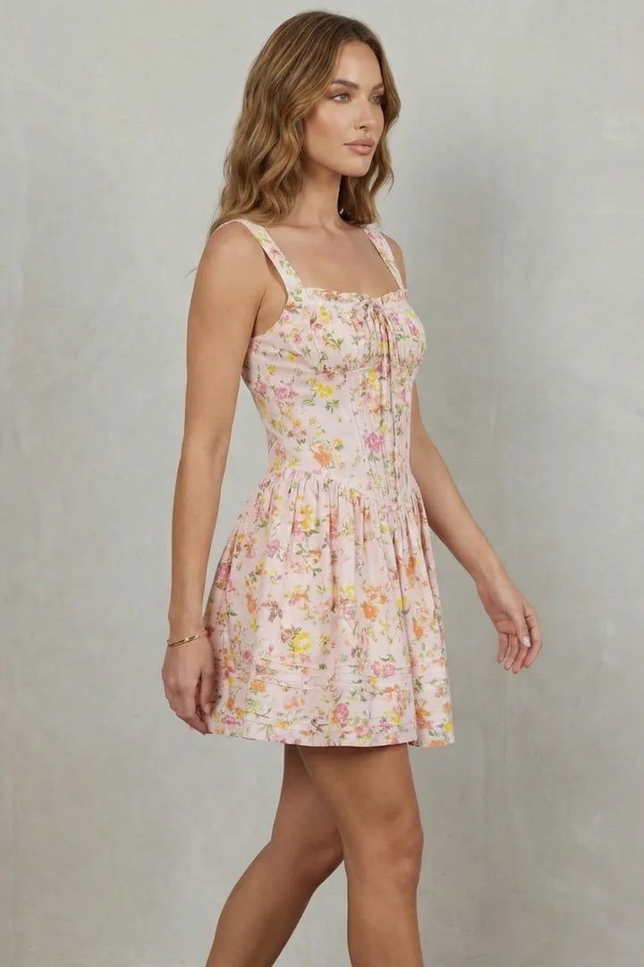 Women's Party Dress | Mini Floral Square Neck Spaghetti Strap