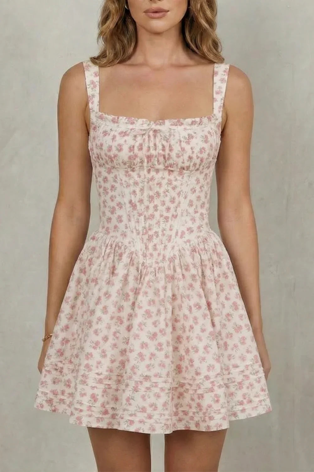 Women's Party Dress | Mini Floral Square Neck Spaghetti Strap
