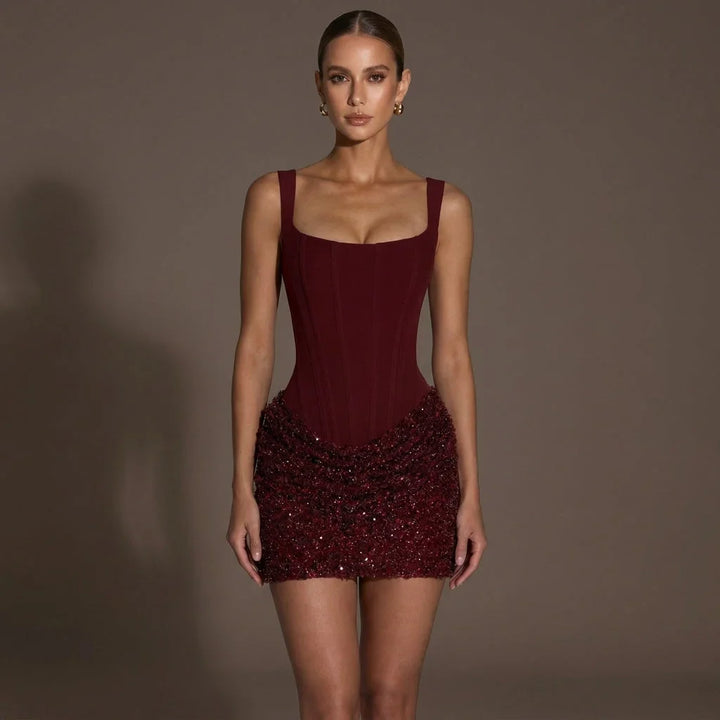 Women's Party Dress | Mini Sequin Corset Square Neck