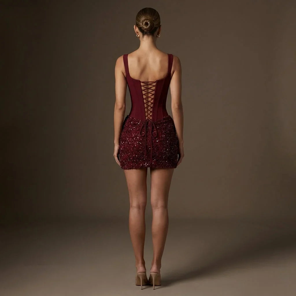 Women's Party Dress | Mini Sequin Corset Square Neck