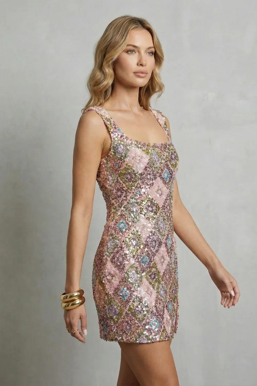 Women's Party Dress | Mini Sequin Square Neck
