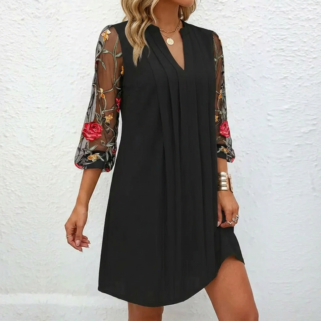 Women's Black Dress with Floral Sleeves & V-Neck | Mini