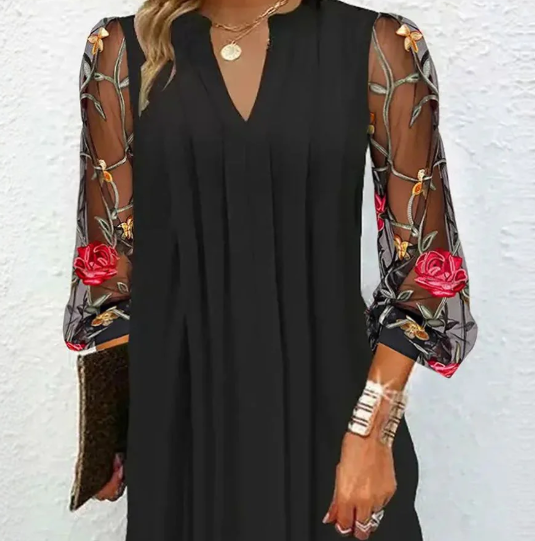 Women's Black Dress with Floral Sleeves & V-Neck | Mini