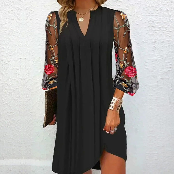 Women's Black Dress with Floral Sleeves & V-Neck | Mini