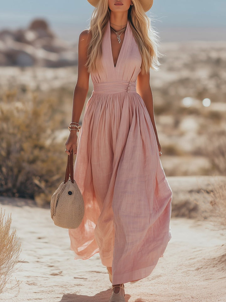 Cotton-Linen Halterneck Maxi Dress for Women