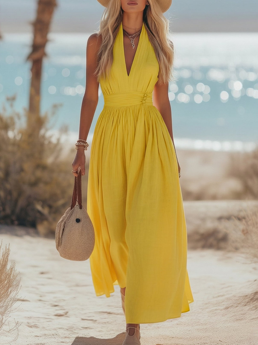 Cotton-Linen Halterneck Maxi Dress for Women