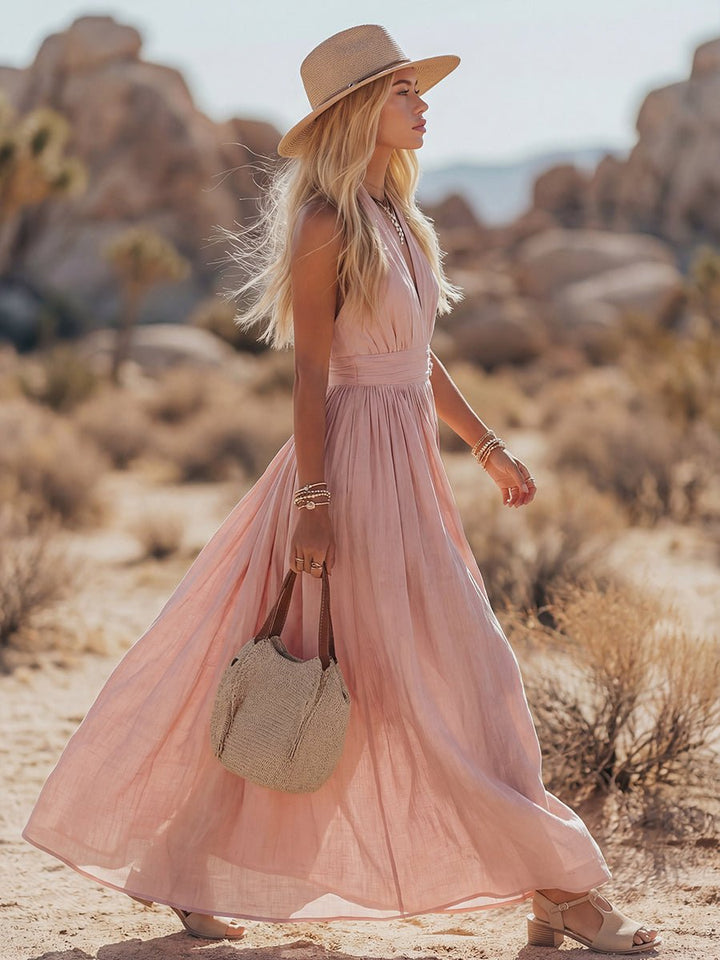 Cotton-Linen Halterneck Maxi Dress for Women