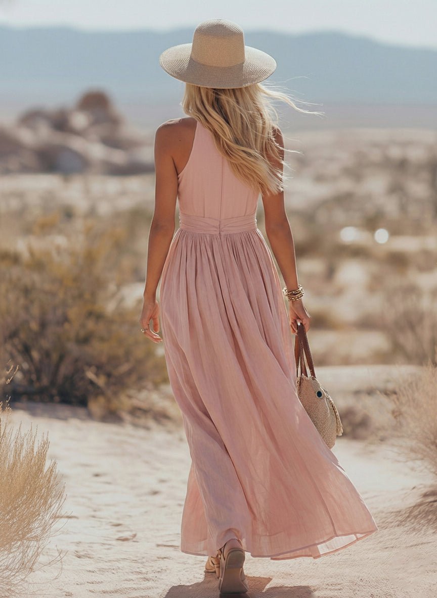 Cotton-Linen Halterneck Maxi Dress for Women