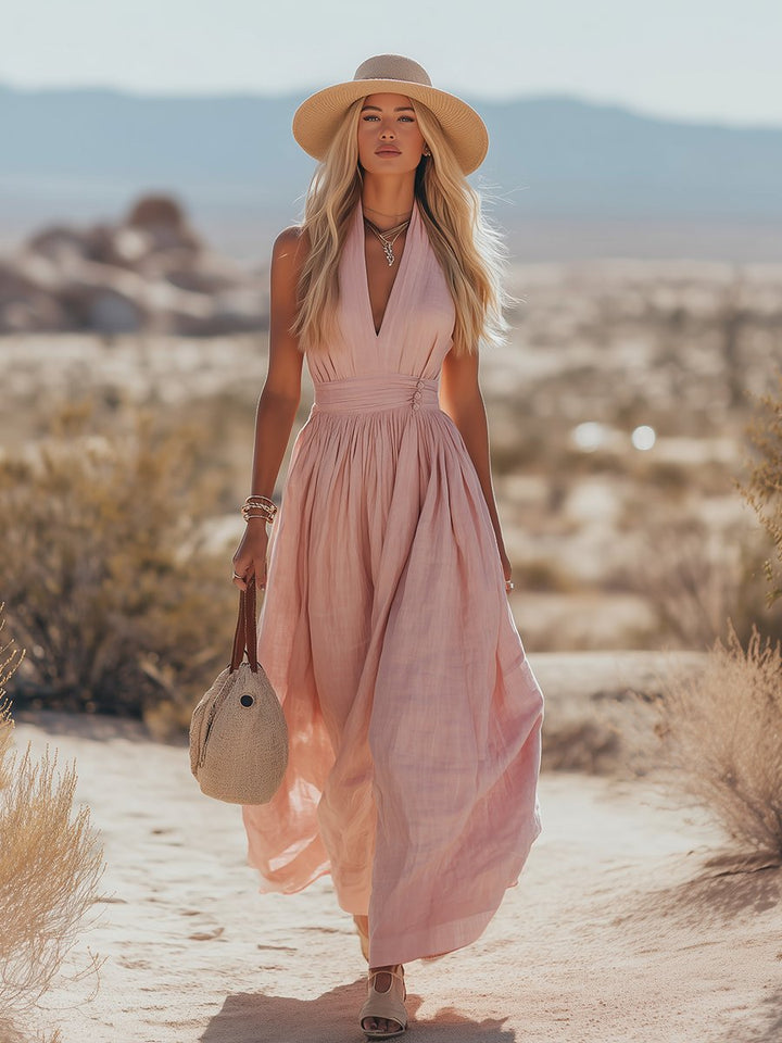 Cotton-Linen Halterneck Maxi Dress for Women