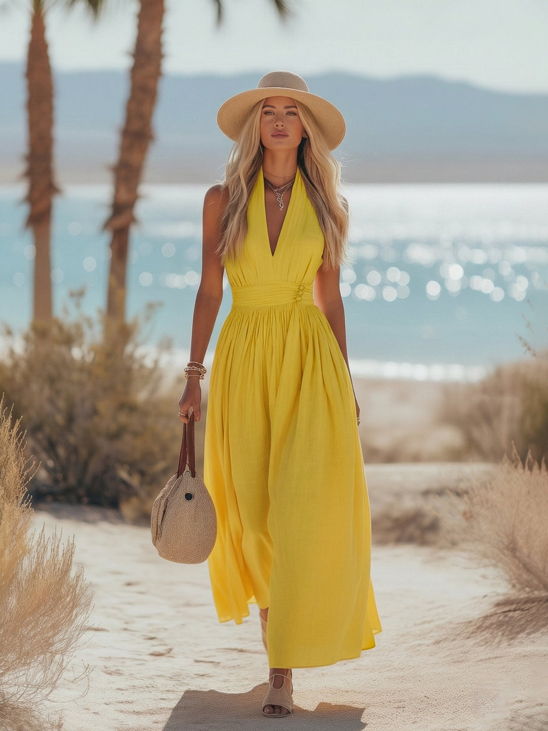 Cotton-Linen Halterneck Maxi Dress for Women