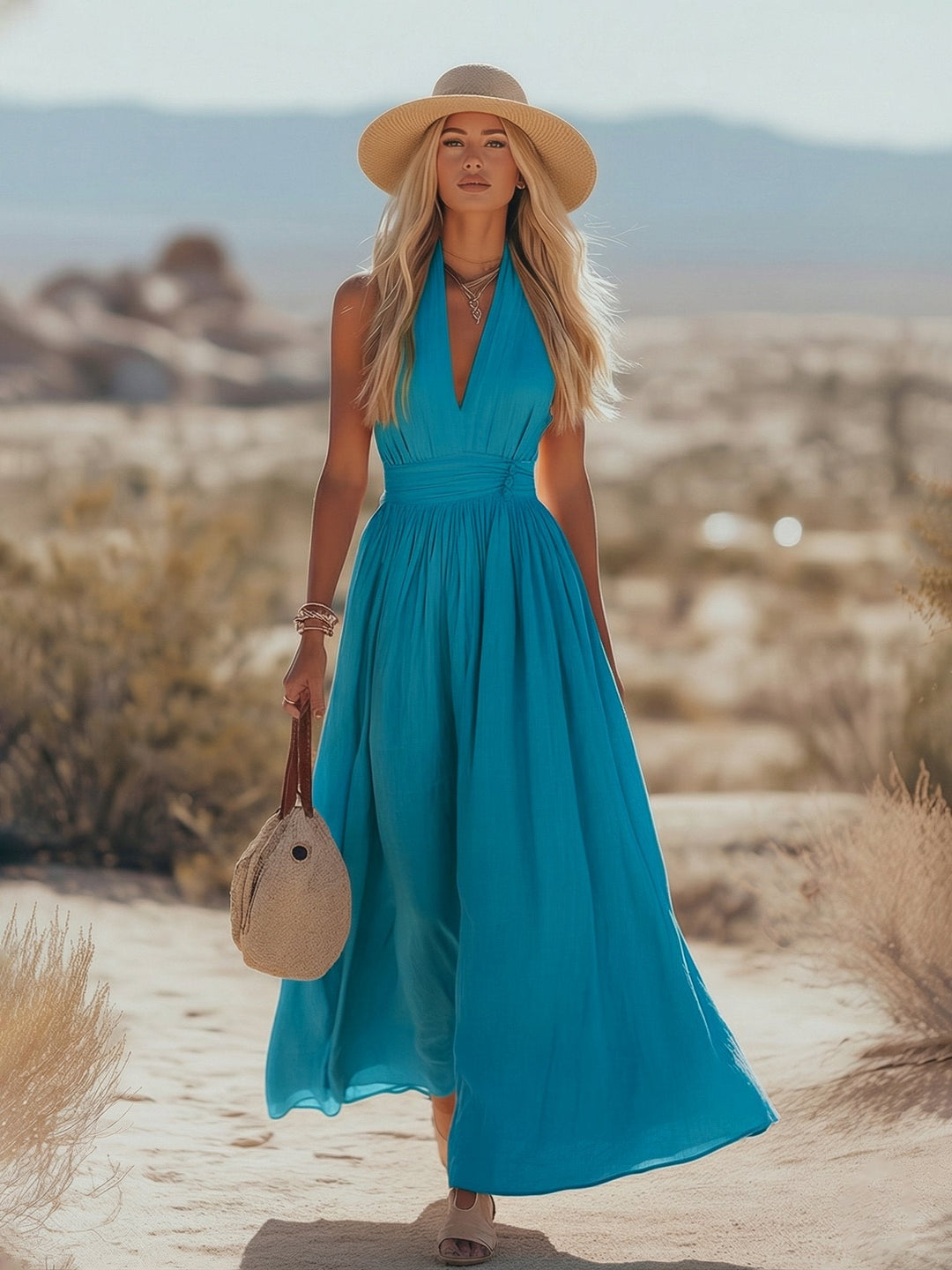 Cotton-Linen Halterneck Maxi Dress for Women