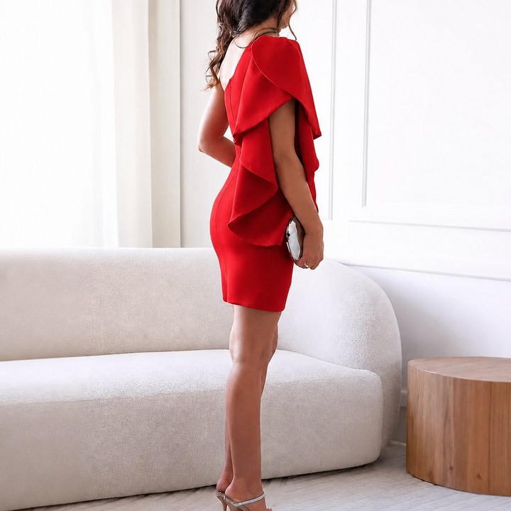 Women's Cocktail Dress with One Shoulder & Ruffle | Mini