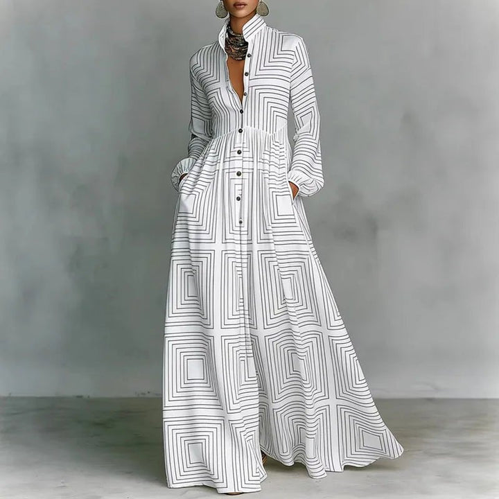 Baroque Scroll Print Stand Collar Long Sleeve Button Front Maxi Dress - Formal Evening Gown