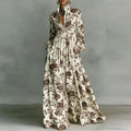 Baroque Scroll Print Stand Collar Long Sleeve Button Front Maxi Dress - Formal Evening Gown