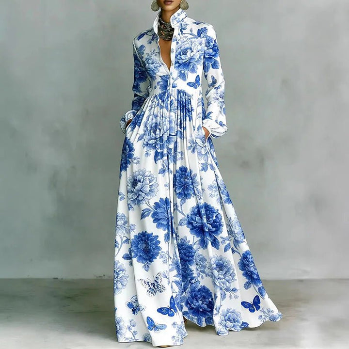 Baroque Scroll Print Stand Collar Long Sleeve Button Front Maxi Dress - Formal Evening Gown