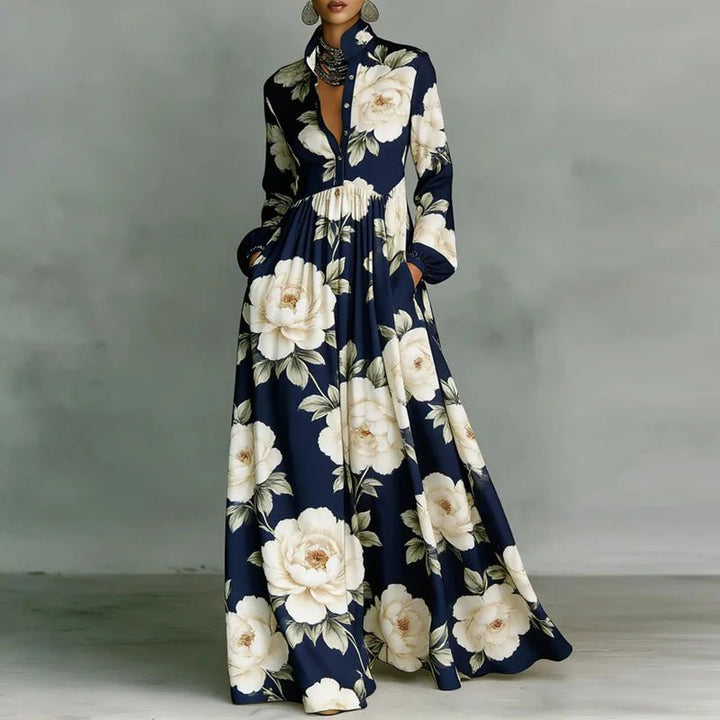 Baroque Scroll Print Stand Collar Long Sleeve Button Front Maxi Dress - Formal Evening Gown