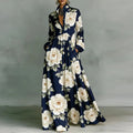 Baroque Scroll Print Stand Collar Long Sleeve Button Front Maxi Dress - Formal Evening Gown