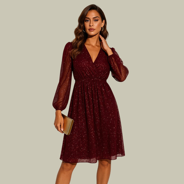 Women's Glitter Dot Mesh Dress V-Neck Mini | Long Sleeves