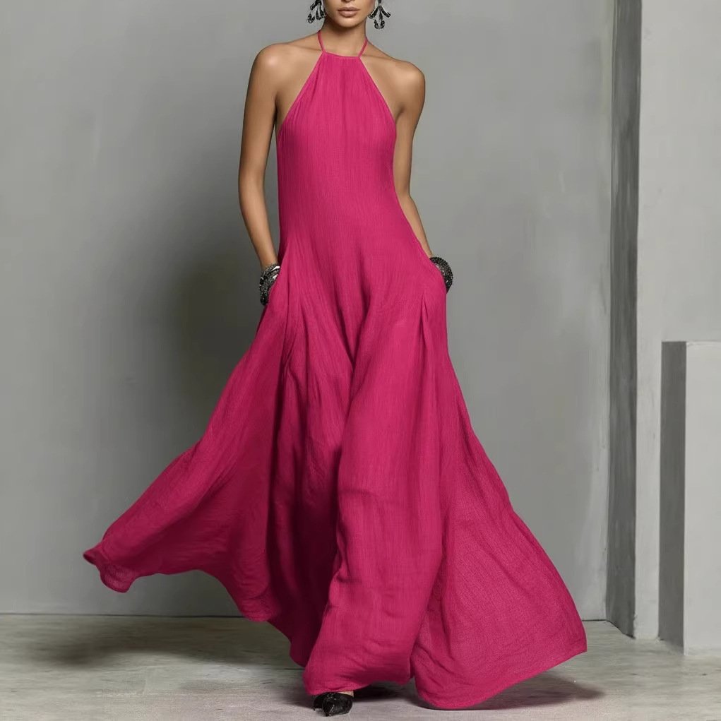 Linen Halterneck Sleeveless Maxi Dress for Women