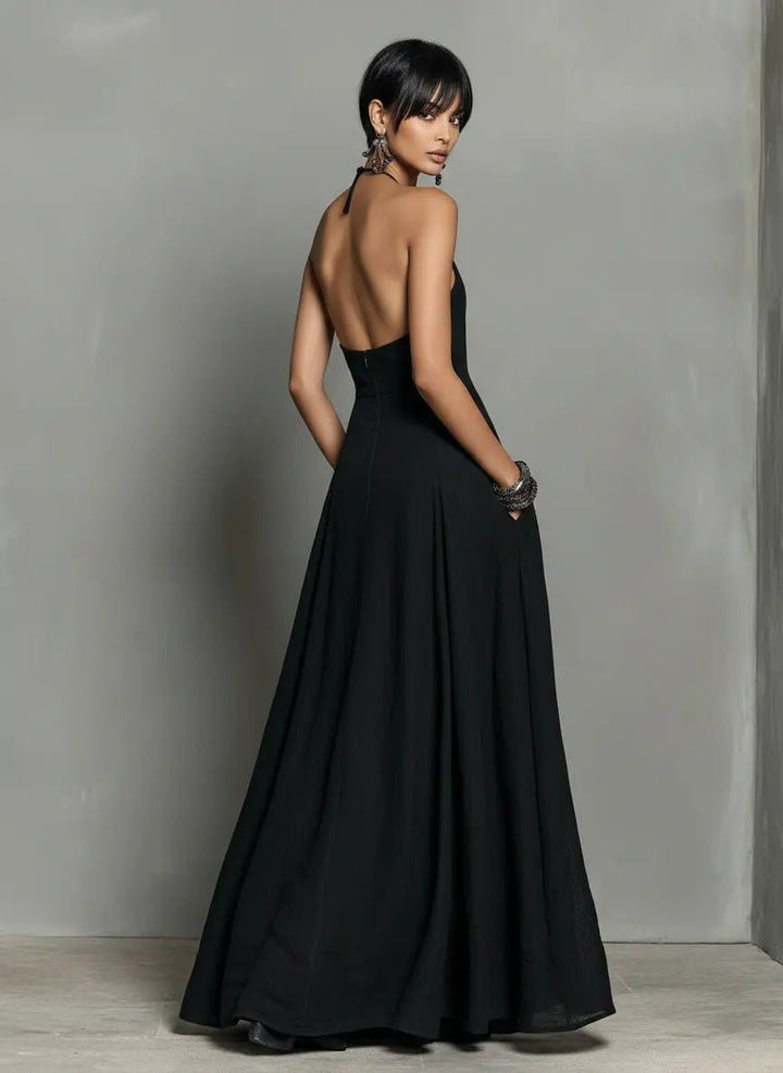 Linen Halterneck Sleeveless Maxi Dress for Women