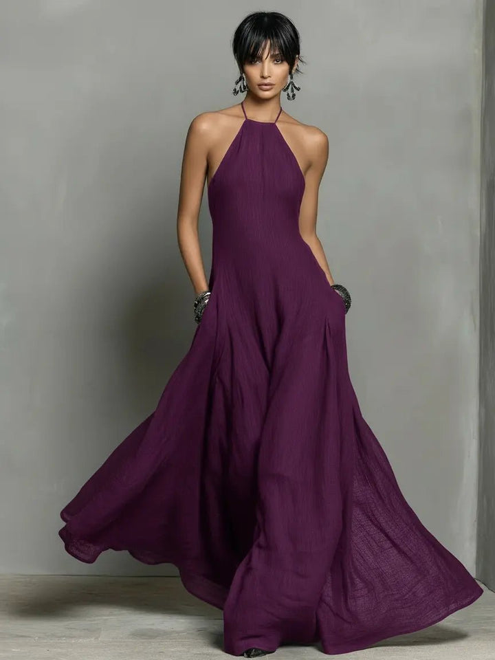 Linen Halterneck Sleeveless Maxi Dress for Women