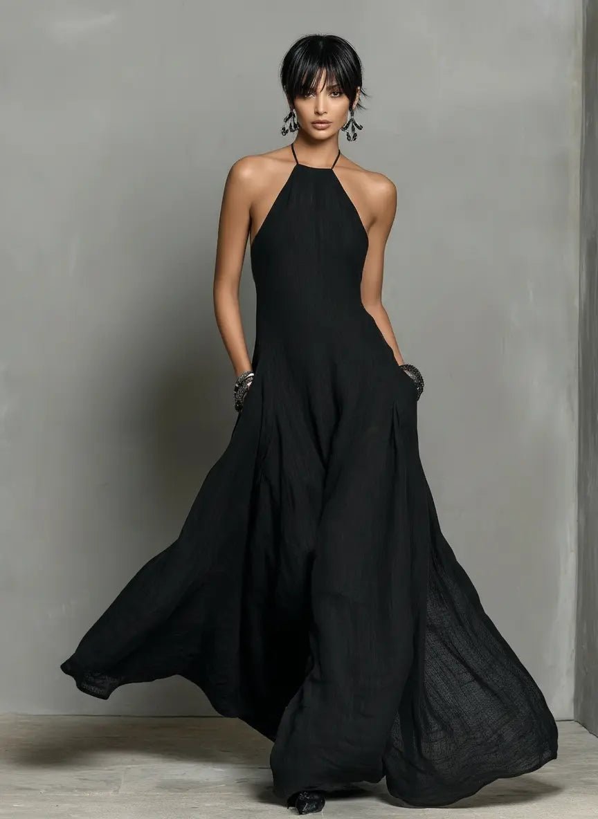 Linen Halterneck Sleeveless Maxi Dress for Women