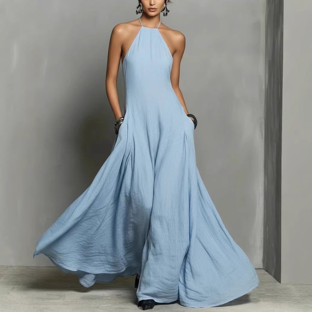 Linen Halterneck Sleeveless Maxi Dress for Women