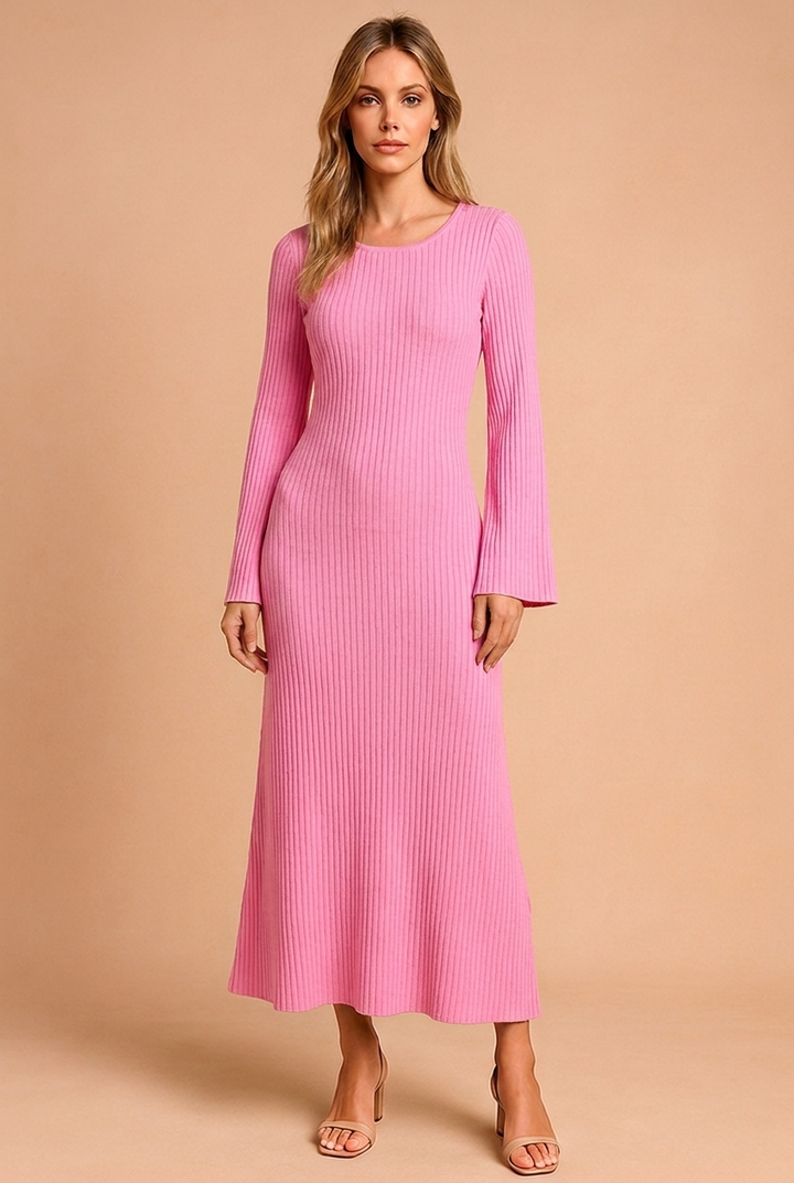 Women's Knit Winter Dress with Scoop Neck & Bell Sleeves | Maxi