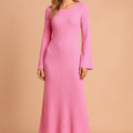 Women's Knit Winter Dress with Scoop Neck & Bell Sleeves | Maxi