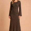 Women's Knit Winter Dress with Scoop Neck & Bell Sleeves | Maxi