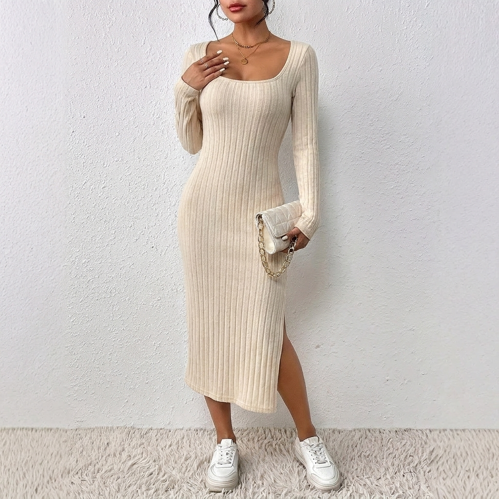 Women's Knit Winter Dress with Scoop Neck & Side Slit | Bodycon