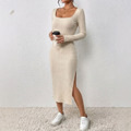 Women's Knit Winter Dress with Scoop Neck & Side Slit | Bodycon