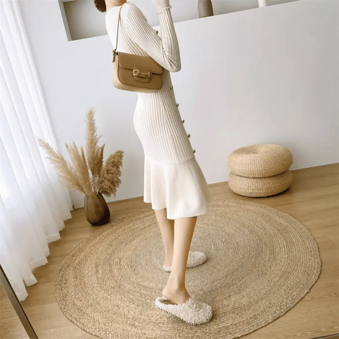 Women's Knit Winter Dress with Side Buttons & Mermaid Hem | Midi